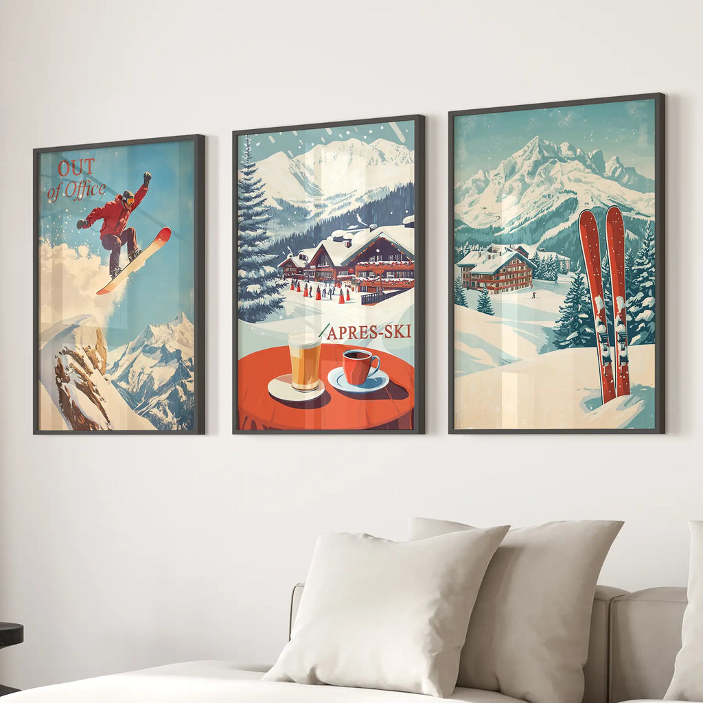 Ski Lodge Set of 3 Prints: Retro Snowboard, Après Ski Art