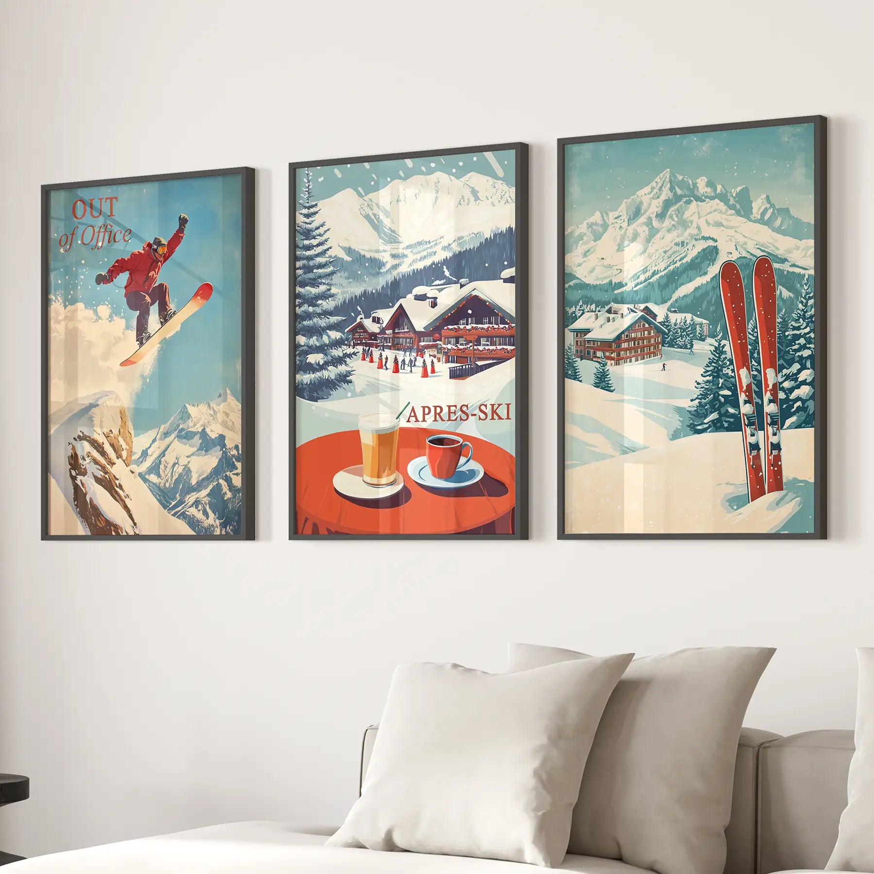 Ski Lodge Set of 3 Prints: Retro Snowboard, Après Ski Art