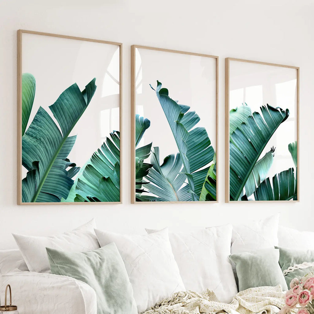 Green Banana Leaves 3 Piece Set. Tropical Wall Art