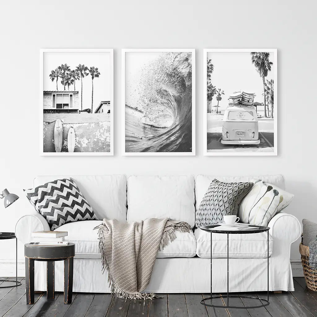 Black White California Surfing Prints. Van, Ocean Wave, Surfboards