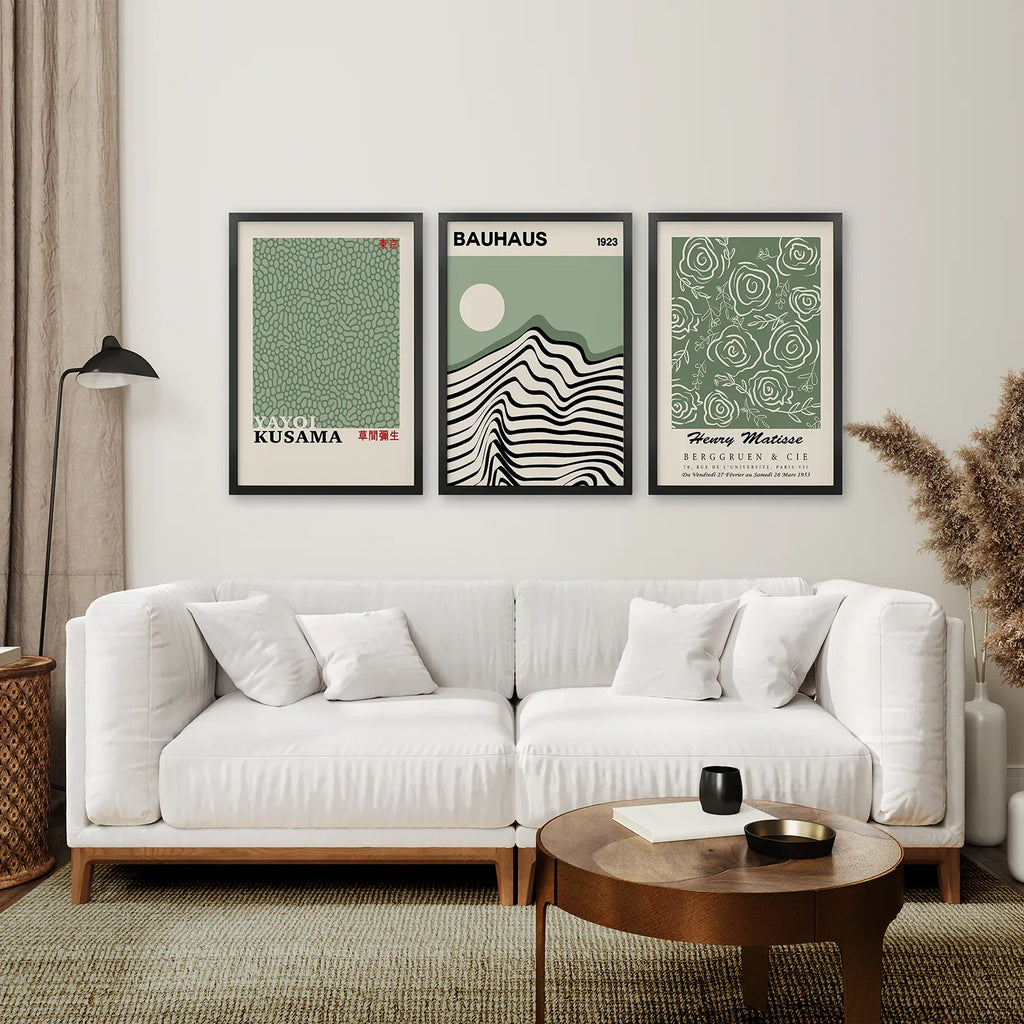 Sage Green Exhibition Art Set of 3 Prints. Bauhaus, Kusama, Matisse