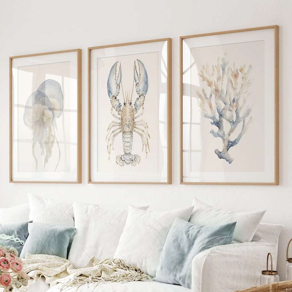 Ocean Animal Prints. Jellyfish, Lobster, Corals Wall Art