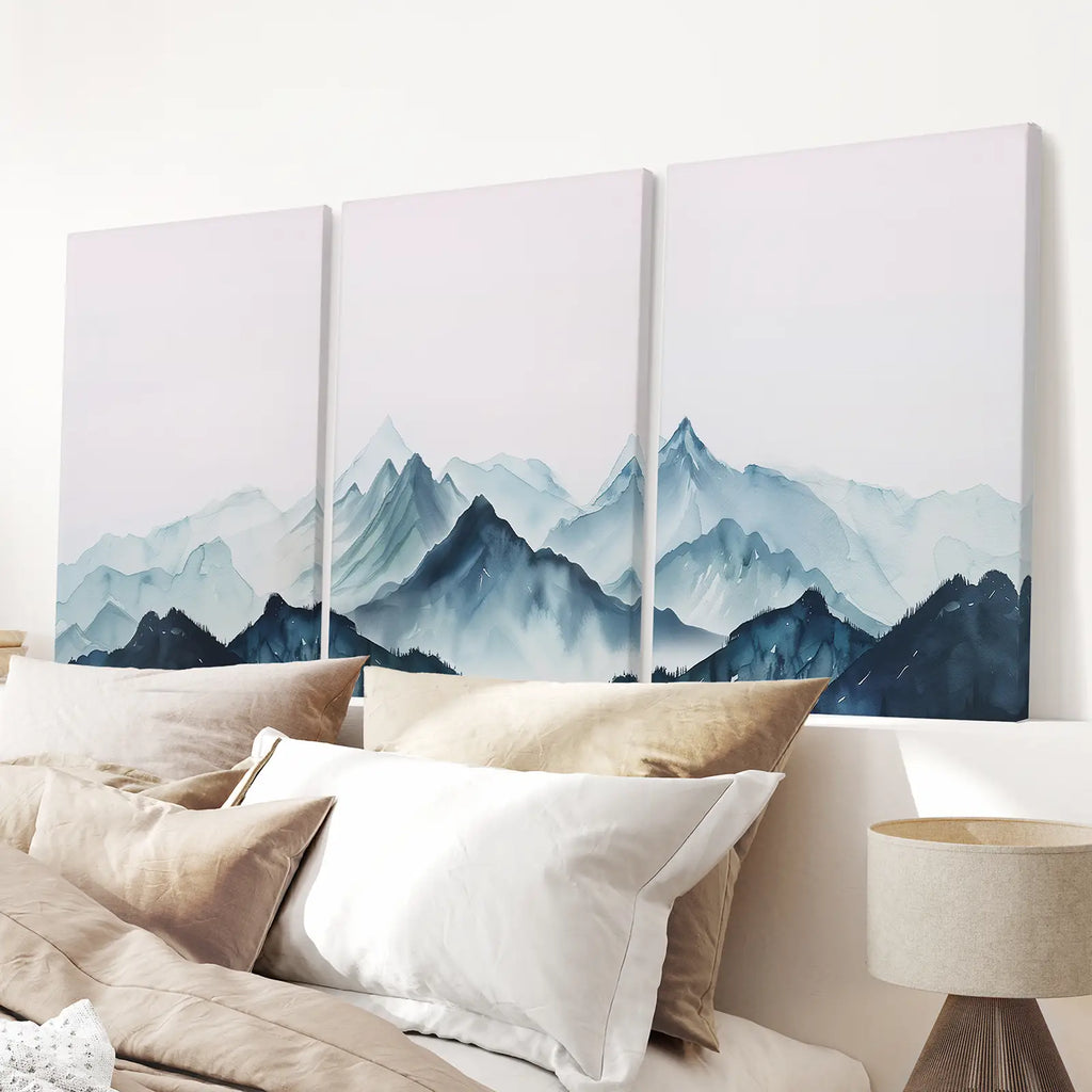 Modern Blue Watercolor Mountain Landscape Prints