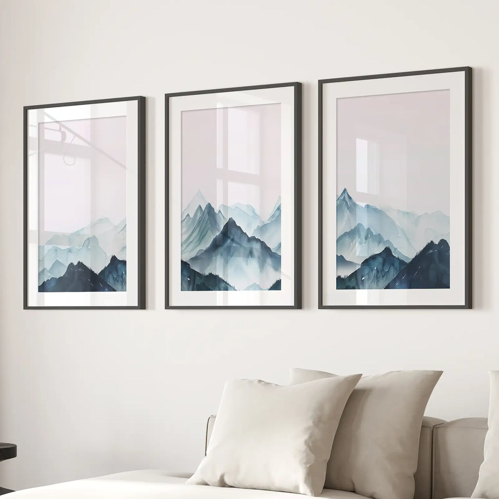 Modern Blue Watercolor Mountain Landscape Prints