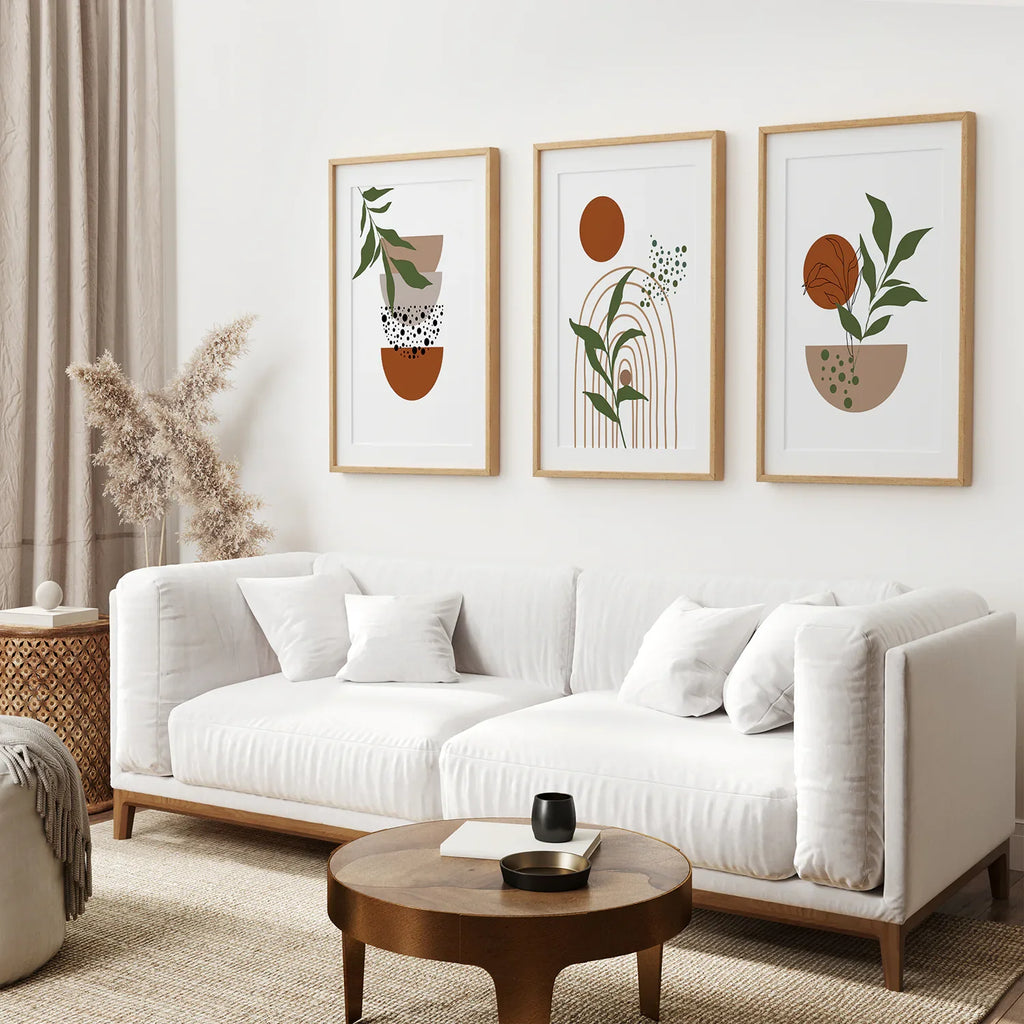 Abstract Green Leaves Wall Art Set of 3 Pieces. Earth Tones