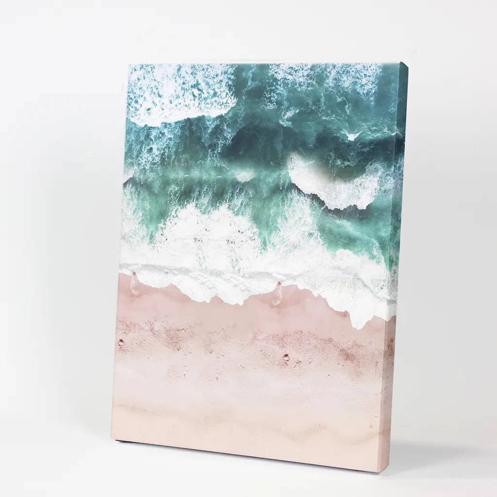 Aerial Coastal Ocean Wall Decor. Pink Beach, Blue Waves