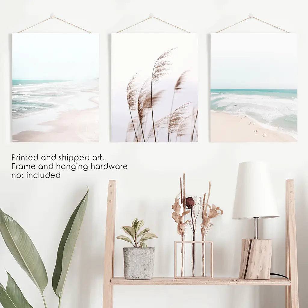 Coastal Boho Wall Art. Beach Pampas Grass, Blue Ocean Waves