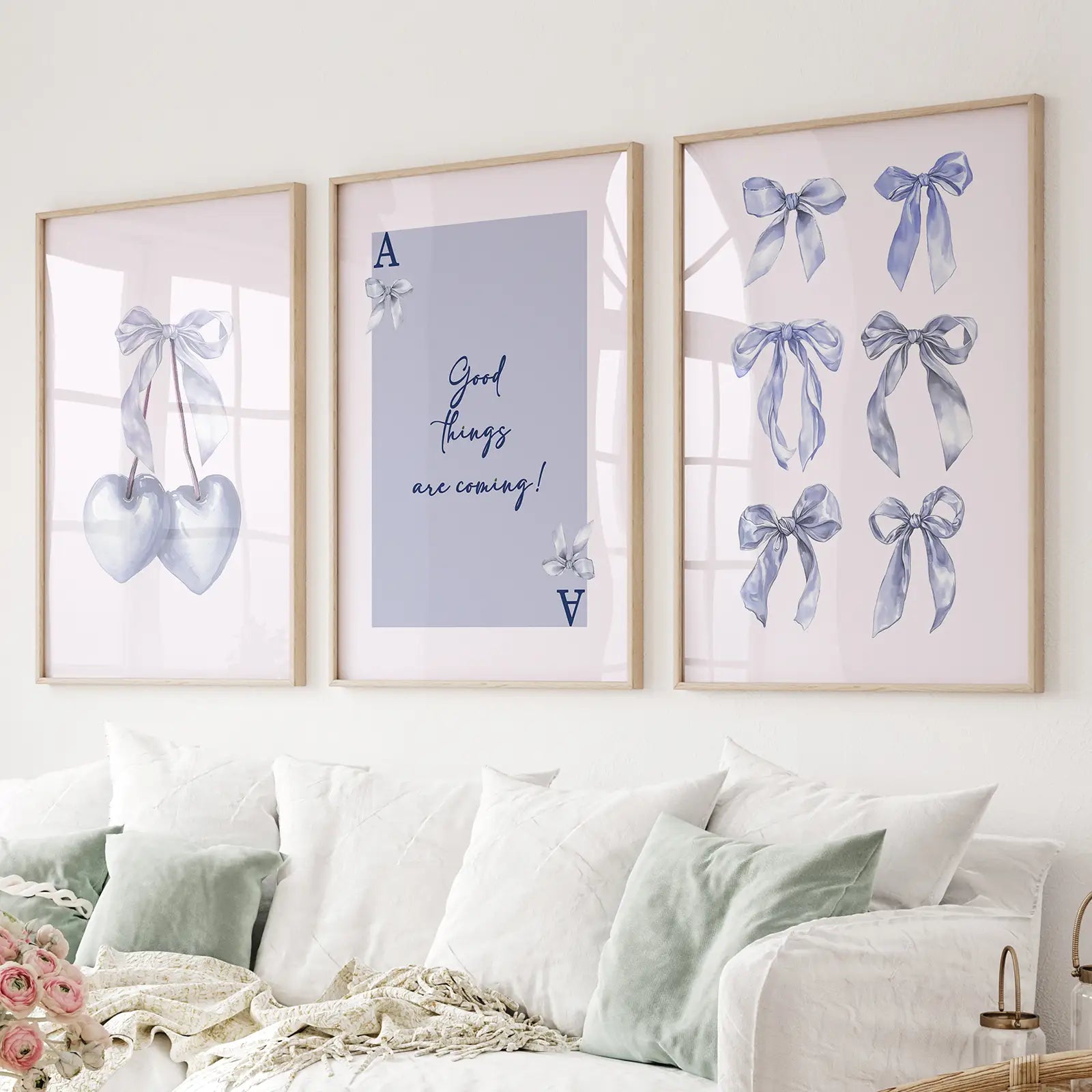 Trendy Blue Bows Preppy Poster Girly Decor Art Set