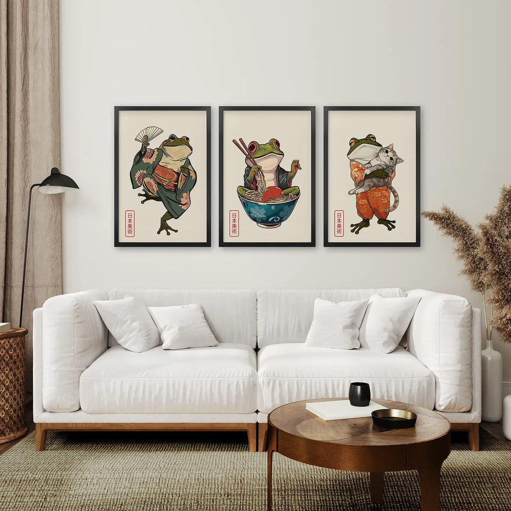 Funny Frog and Cat. Japanese Art. Matsumoto Hoji Poster