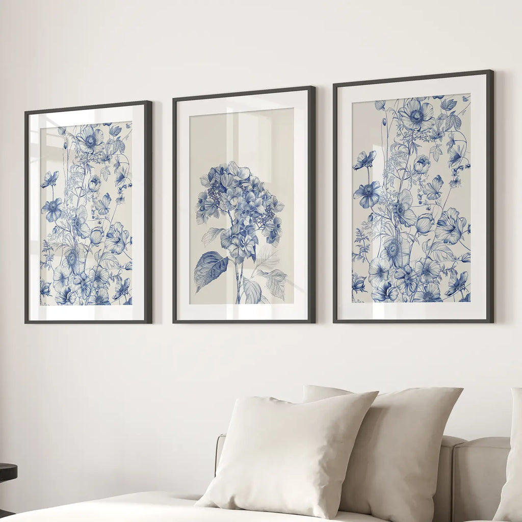 Chinoiserie Blue Flowers Watercolor Poster Decor