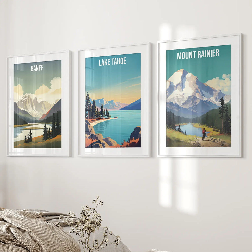 Set of 3 Travel Prints. Banff, Lake Tahoe, Mount Rainier Posters